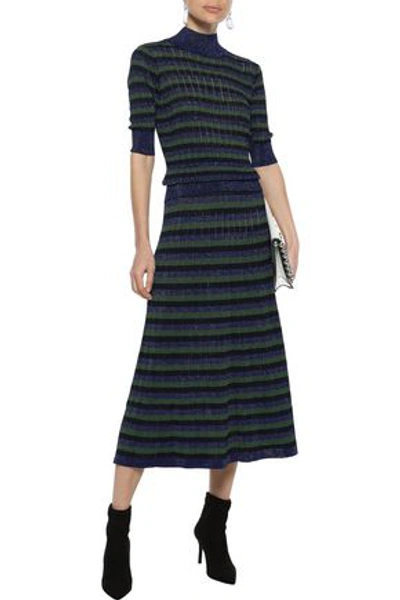 Shop Sonia Rykiel Striped Metallic Crochet-knit Midi Skirt In Navy
