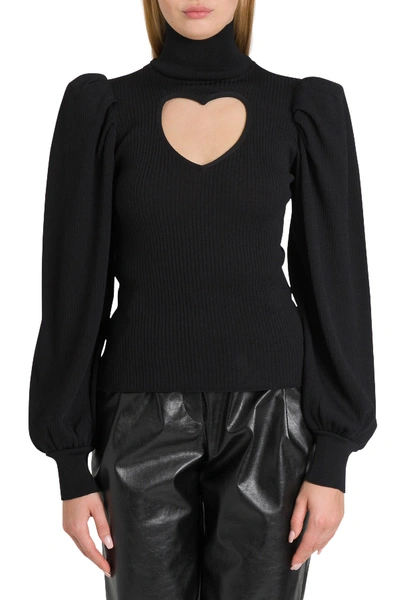 Shop Msgm Knitted Top With Heart-shaped Cut Out And Puffed Sleeves In Nero