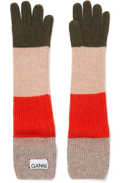 Shop Ganni Striped Wool-blend Gloves In Cream