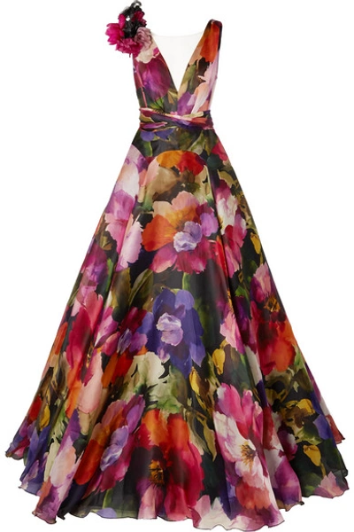 Shop Marchesa Appliquéd Tulle-trimmed Floral-print Silk-organza Gown In Pink