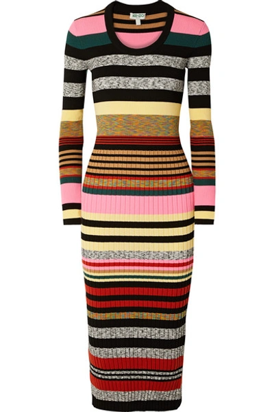 Shop Kenzo Striped Ribbed-knit Midi Dress In Black