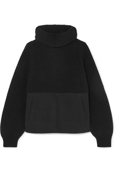 Shop Haider Ackermann Denim-paneled Ribbed Wool Turtleneck Sweater In Black