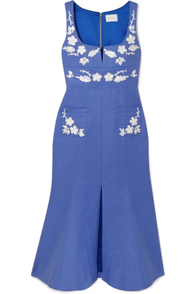 Shop Alice Mccall Pastime Paradise Embroidered Cotton Midi Dress In Blue