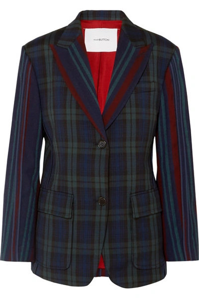 Shop Pushbutton Paneled Tartan And Striped Wool-blend Blazer In Navy