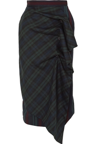 Shop Pushbutton Ruffled Paneled Tartan And Striped Wool-blend Skirt In Navy