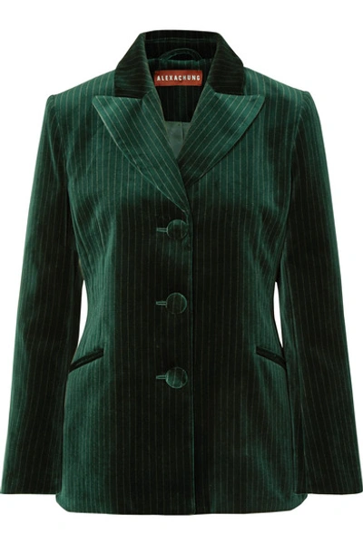 Shop Alexa Chung Metallic Pinstriped Cotton-velvet Blazer In Dark Green