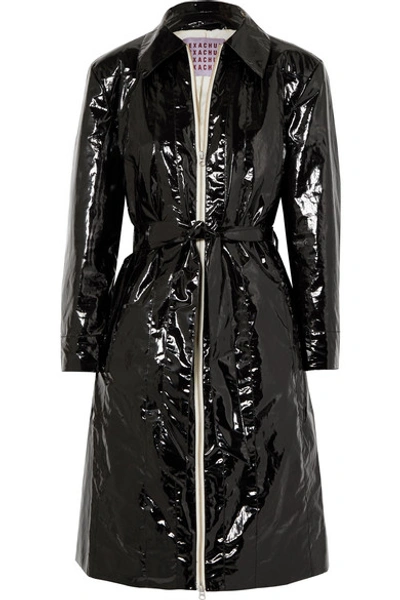 Shop Alexa Chung Belted Crinkled Coated Cotton-blend Coat In Black