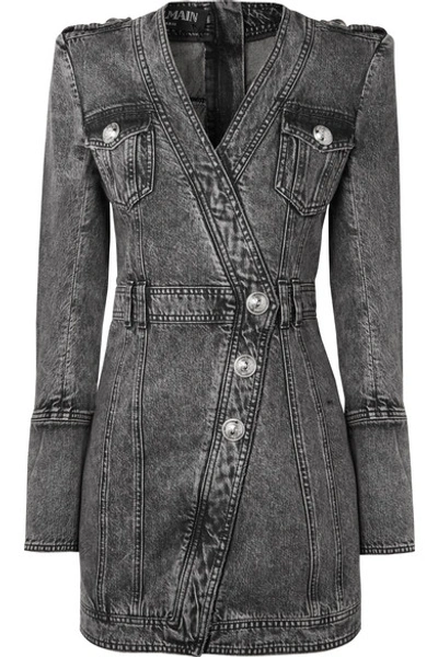 Shop Balmain Button-embellished Acid-wash Denim Mini Dress In Gray