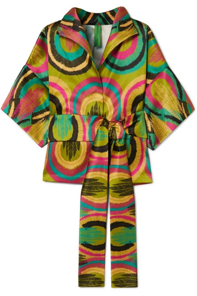 Shop Rianna + Nina Claudia Belted Printed Cotton And Silk-blend Top In Green