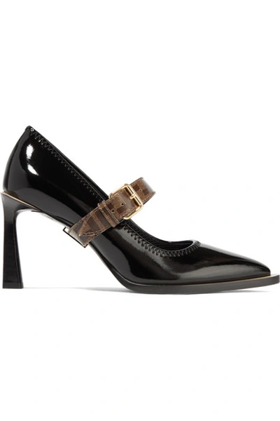 Shop Fendi Logo-print Coated Canvas And Patent-leather Mary Jane Pumps In Black