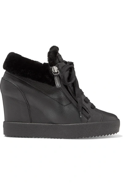 Shop Giuseppe Zanotti Shearling-trimmed Textured-leather Wedge Ankle Boots In Black