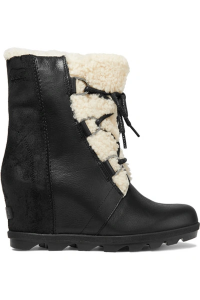 Shop Sorel Joan Of Arctic Wedge Ii Shearling-trimmed Waterproof Leather And Suede Ankle Boots In Black