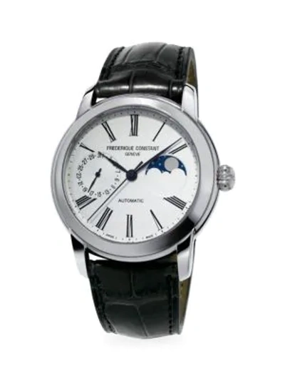 Shop Frederique Constant Classics Moonphase Manufacture Automatic Stainless Steel & Leather Strap Watch In Black
