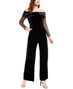 black velvet off the shoulder jumpsuit