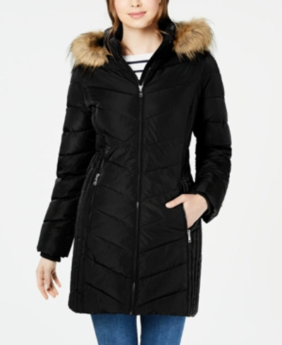 Shop Tommy Hilfiger Petite Chevron Faux-fur Trim Hooded Puffer Coat, Created For Macy's In Black