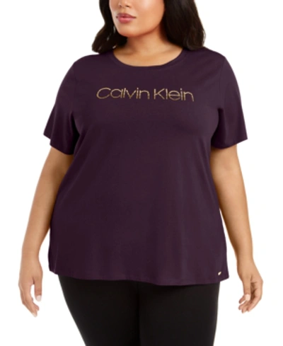 Shop Calvin Klein Plus Size Studded Logo T-shirt In Purple