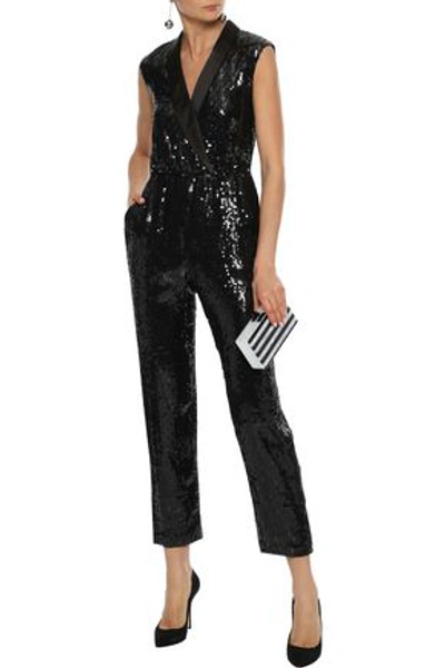 Shop Alice And Olivia Alice + Olivia Woman Lyle Wrap-effect Cropped Sequined Crepe Jumpsuit Black