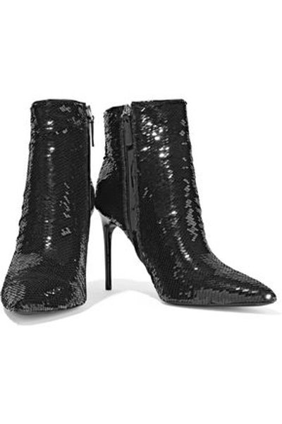 Shop Alice And Olivia Alice + Olivia Woman Celyn Sequined Woven Ankle Boots Black