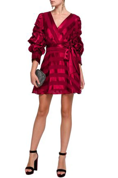 Shop Alice And Olivia Santina Wrap-effect Striped Satin-jacquard Mini Dress In Claret