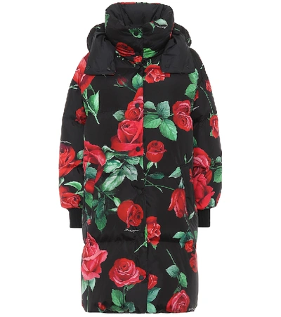 Shop Dolce & Gabbana Rose-print Down Coat In Black