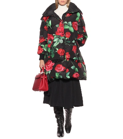 Shop Dolce & Gabbana Rose-print Down Coat In Black