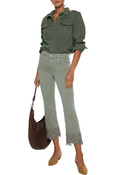 Shop J Brand Selena Guipure Lace-trimmed Mid-rise Kick-flare Jeans In Grey Green