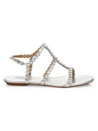 Shop Aquazzura Tequila Crystal-embellished Metallic Leather Flat Sandals In Silver