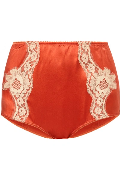 Shop Dolce & Gabbana Lace-trimmed Silk-blend Satin Briefs In Bright Orange