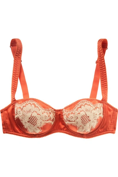 Shop Dolce & Gabbana Lace-trimmed Silk-blend Satin Underwired Balconette Bra In Orange