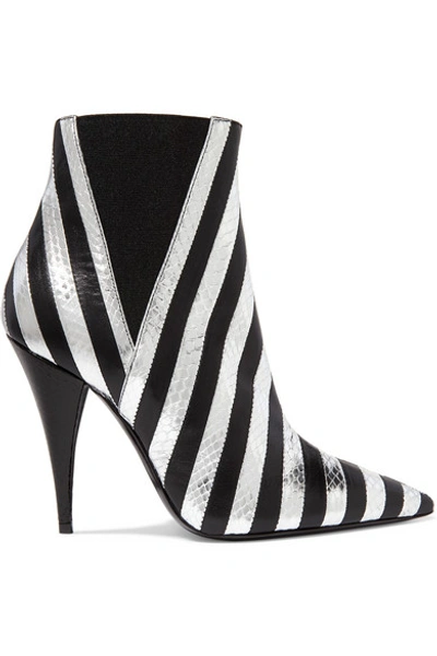 Shop Saint Laurent Kiki Striped Leather And Watersnake Ankle Boots In Silver