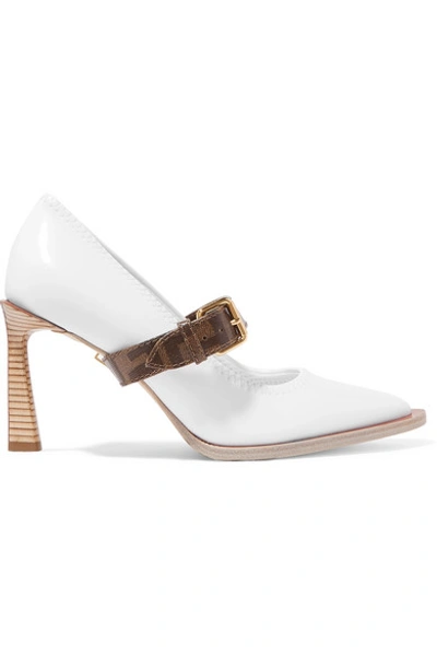 Shop Fendi Logo-print Coated Canvas And Patent-leather Mary Jane Pumps In White