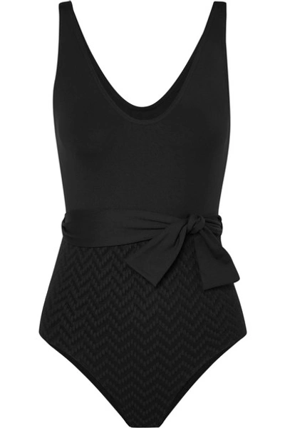 Shop Eres Belted Paneled Seersucker Swimsuit In Black