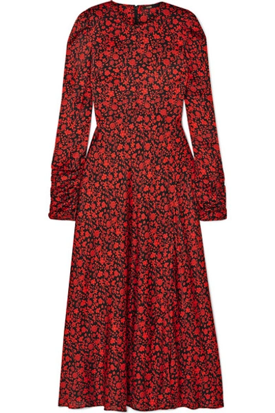 Shop Maje Ravie Floral-print Satin Midi Dress In Red