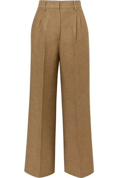 Shop Fendi Satin-trimmed Wool And Silk-blend Piqué Wide-leg Pants In Beige