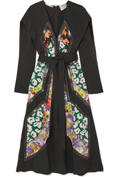 Shop Stella Mccartney + Net Sustain Vegetarian Leather-trimmed Twill And Floral-print Silk Dress In Black