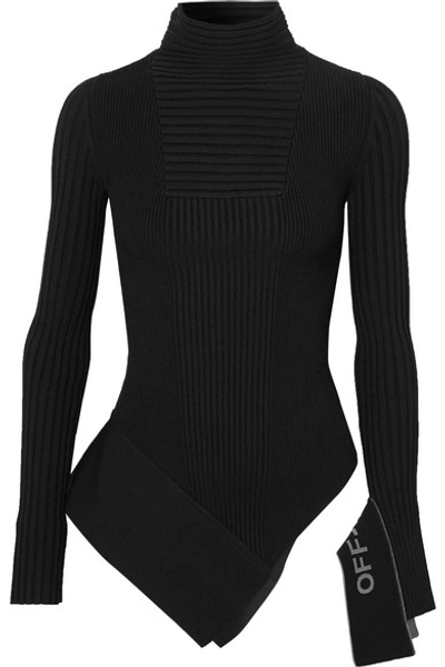 Shop Off-white Asymmetric Paneled Ribbed-knit Turtleneck Top In Black