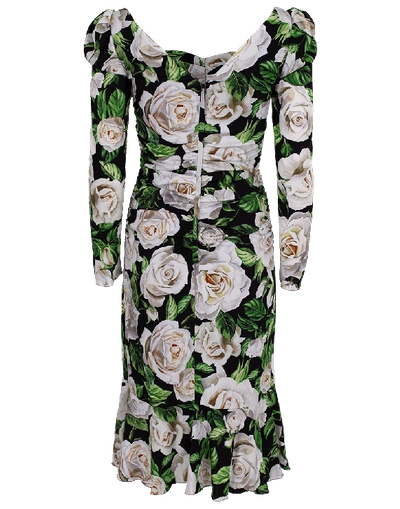 Shop Dolce & Gabbana Rose Print Bustier Charmeuse Dress In White