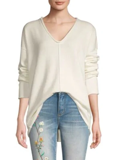 Shop Bcbgmaxazria V-neck Cotton-blend Sweater In Off White