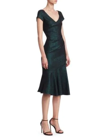 Shop David Meister Cap Sleeve V-neck Flounce Dress In Forest