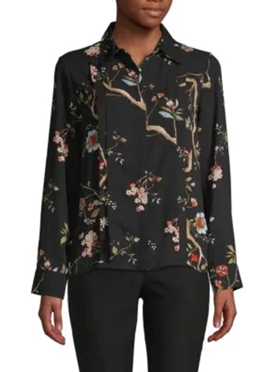 Shop Nanette Lepore Botanical-print Pleated Shirt In Very Black