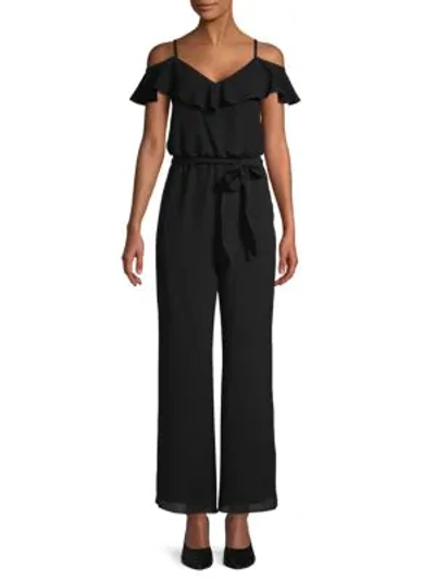 Shop Adrianna Papell Ruffled Cold-shoulder Jumpsuit In Black