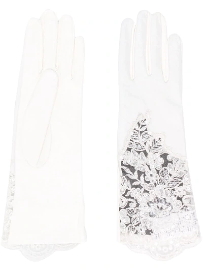 Shop Alessandra Rich Lace Detail Silk Gloves In 002 White