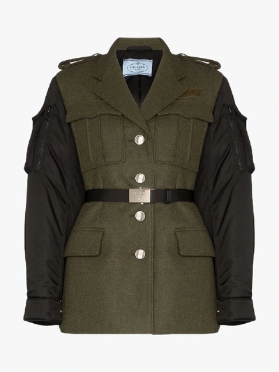 Shop Prada Panelled Wool Military Jacket In Green