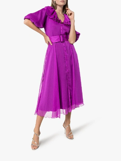 Shop Rotate Birger Christensen Rotate Frilled Button-up Midi Dress In Purple