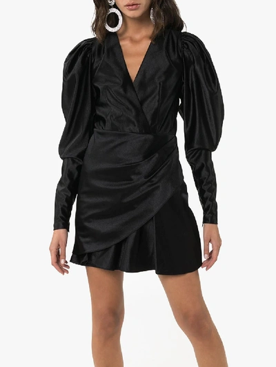 Shop Rotate Birger Christensen Rotate Pouf Sleeve Draped Mini Dress In Black