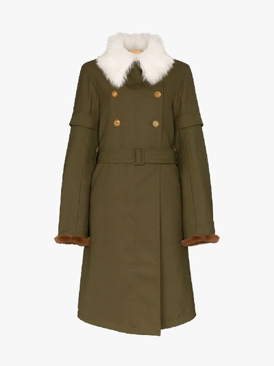 Shop Chloé Faux Fur Collar Wool Trench Coat In Green