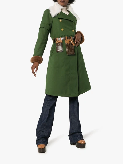 Shop Chloé Faux Fur Collar Wool Trench Coat In Green