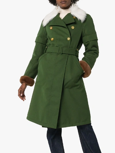 Shop Chloé Faux Fur Collar Wool Trench Coat In Green