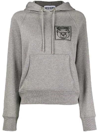 Shop Moschino Teddy Bear Logo Hoodie In Grey