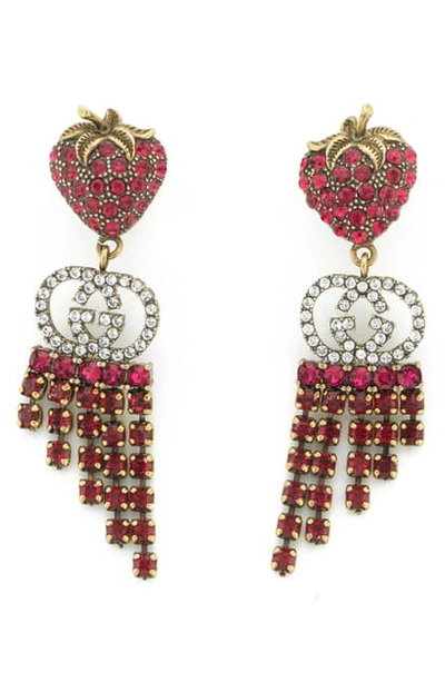 Shop Gucci Strawberry Crystal Drop Earrings In Red Crystal